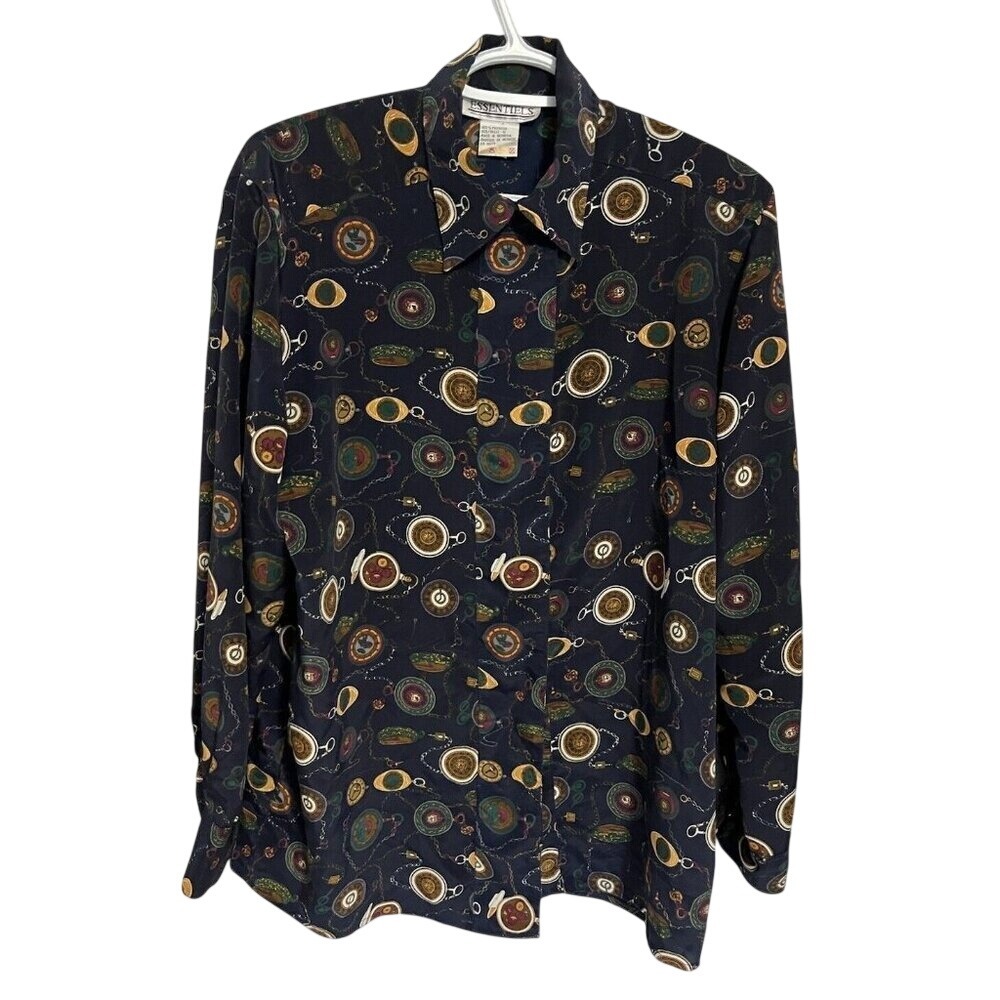 Vintage 90s Novelty Pocket Watch Print Blouse Dark Academia Whimsigoth